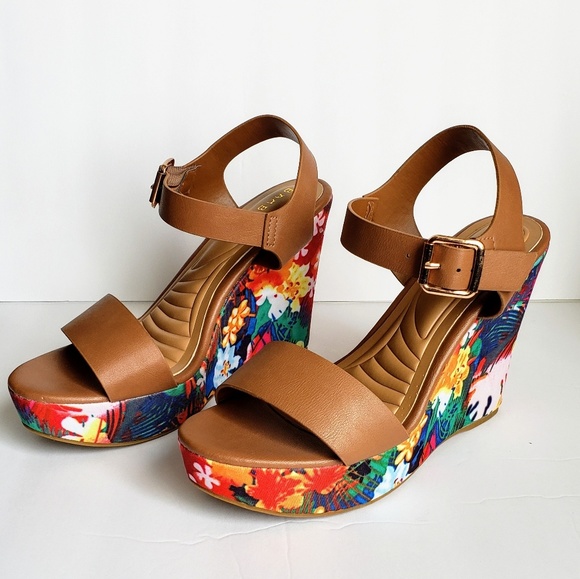 BAMBOO Shoes - Bamboo Open Toe Vibrant Floral Wedge Heels